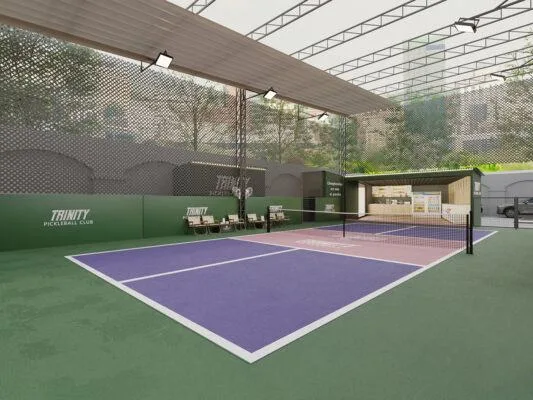 Mẫu sân pickleball trong khuôn viên với khu vực thi đấu thoáng Mẫu sân pickleball trong khuôn viên với khu vực thi đấu thoáng