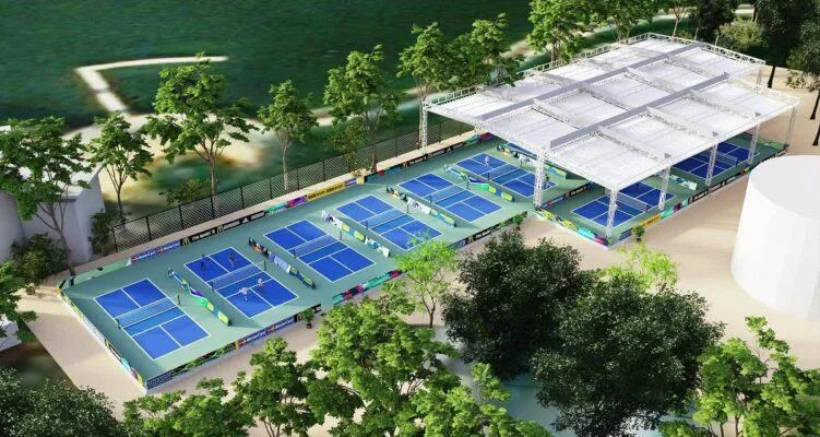 Cụm sân pickleball nhiều sân nhìn từ trên cao phù hợp khai thác kinh doanh Cụm sân pickleball nhiều sân nhìn từ trên cao phù hợp khai thác kinh doanh